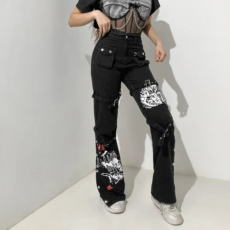 Hippie Comic Print Punk Jeans for Women – YX Vintage Streetwear