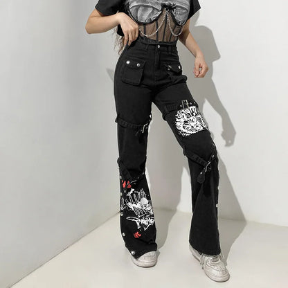 Hippie Comic Print Punk Jeans for Women – YX Vintage Streetwear