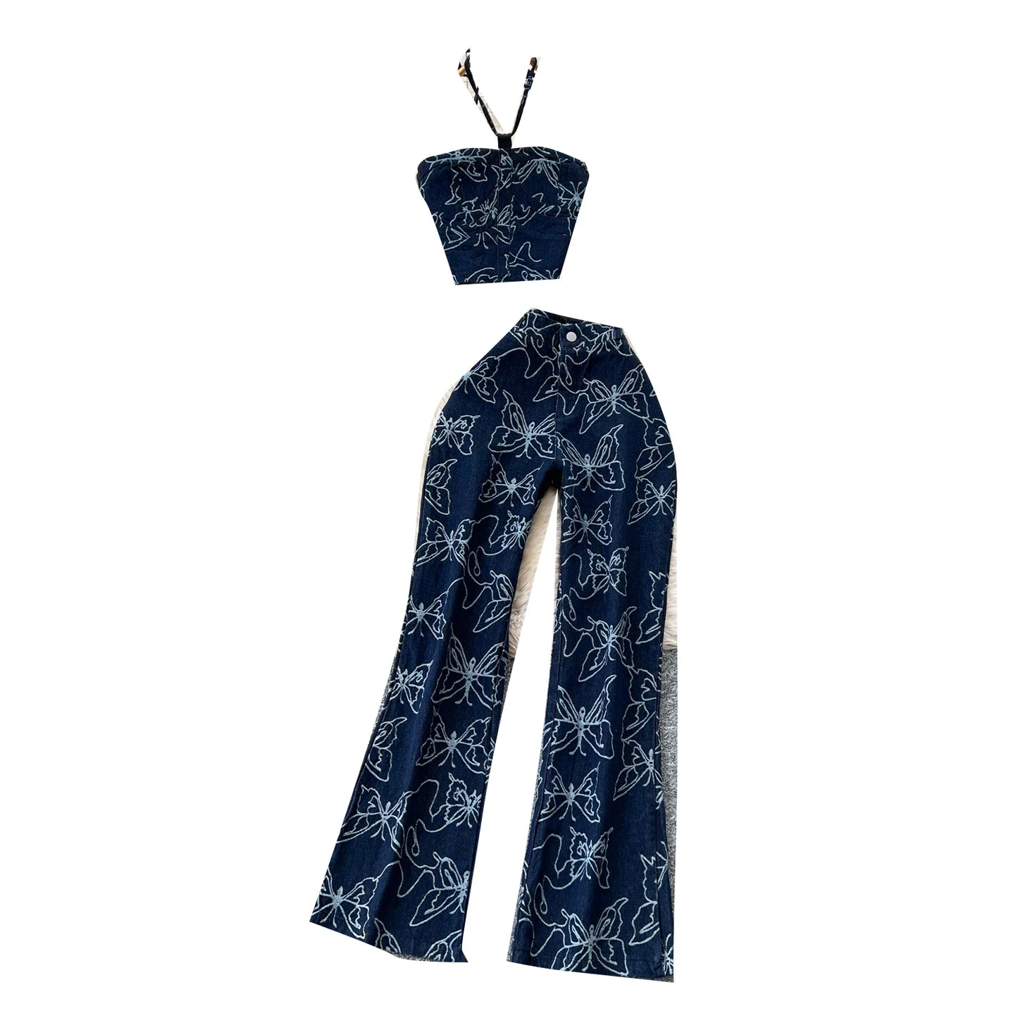 UNIKCOSA Women’s Summer Y2K Set – Halter Tube Top & High-Waist Printed Denim 2-Piece Outfit (Retro Streetwear Edition)
