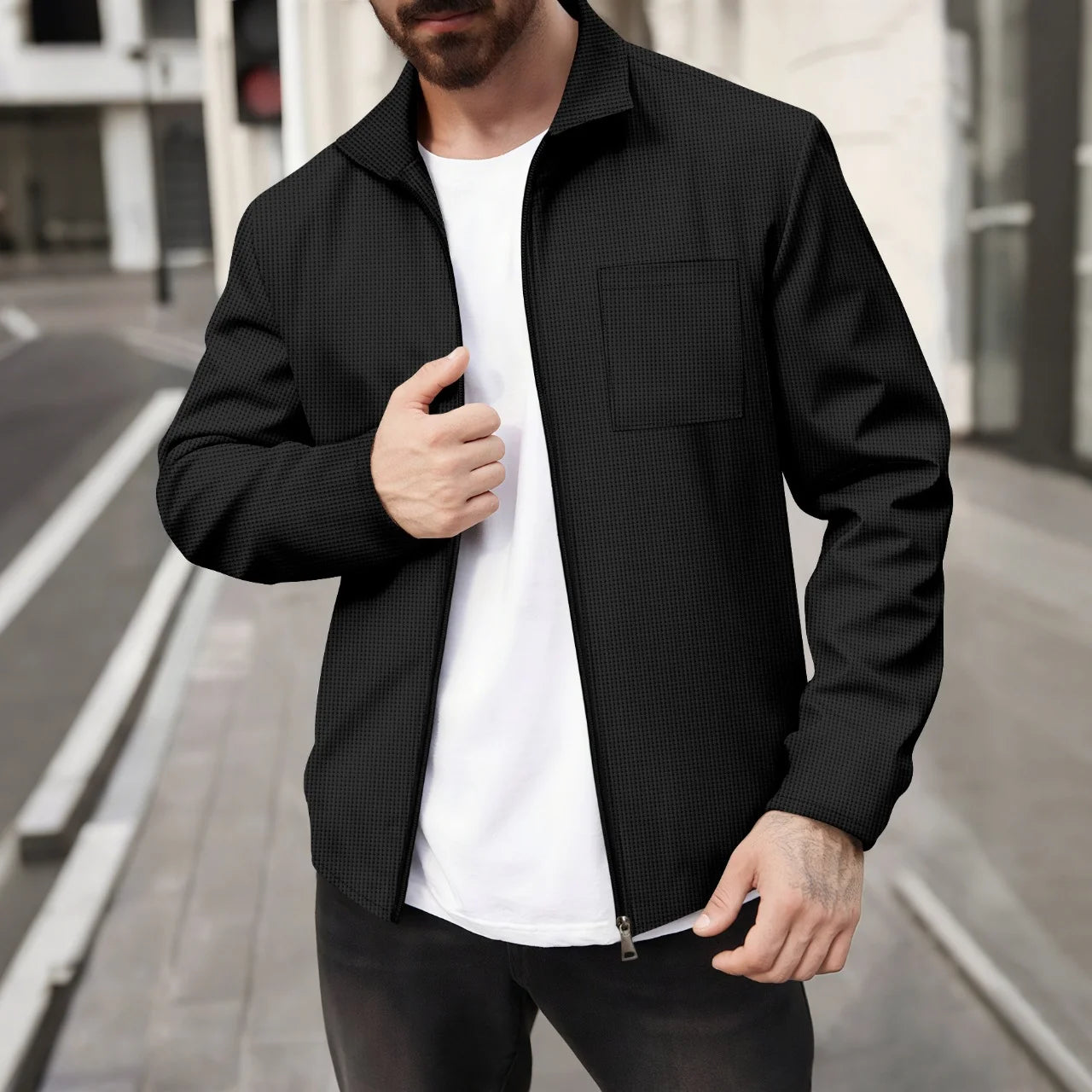 UNIKCOSA Men’s Textured Jacket – Zip-Up Business Casual Outerwear with Turn-Down Collar