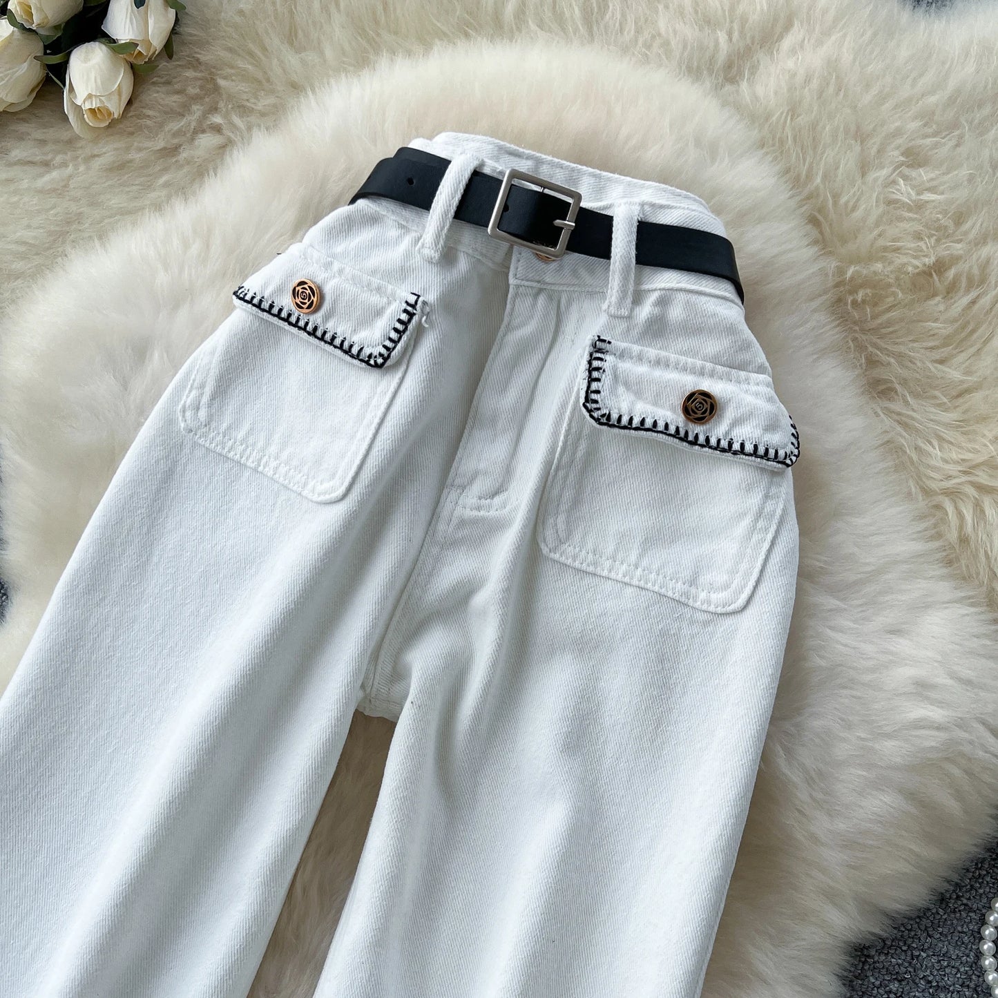 UNIKCOSA Women’s Summer Vintage Jeans – High-Waist Embroidered Long Denim Pants with Sash Belt (Outdoor Chic Edition)