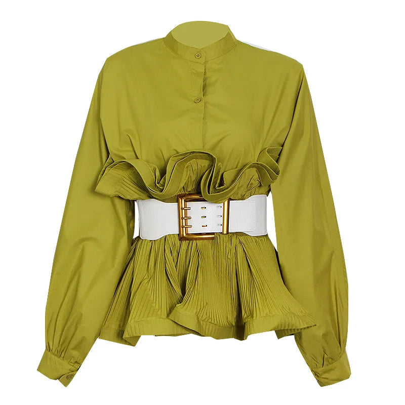 Women Fall Blouse with Puff Sleeves, Lantern Details & Chic Belted Design