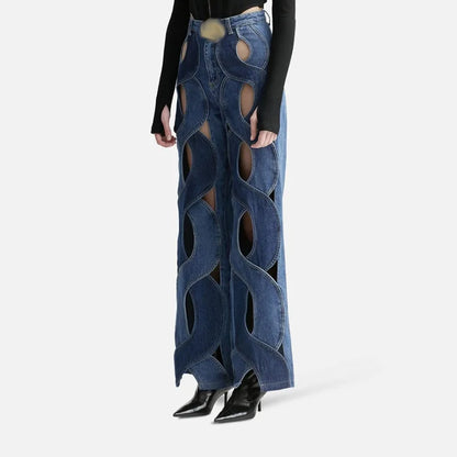 UNIKCOSA Women’s Hollow-Out Strap Jeans – High-Waist Patchwork Wide-Leg Denim Pants (Street Chic Edition)