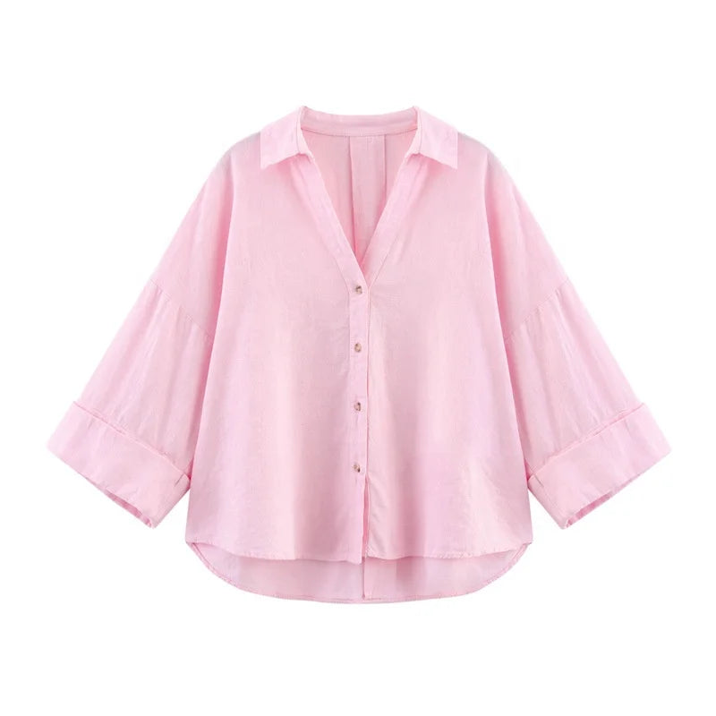 European American Style Women's Striped Collared Wide Sleeve Shirt