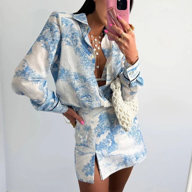 UNIKCOSA Women’s 3-Piece Printed Coord Set – Bra Top, Shirt & Divided Skirt Suit (Summer 2025 Edition)