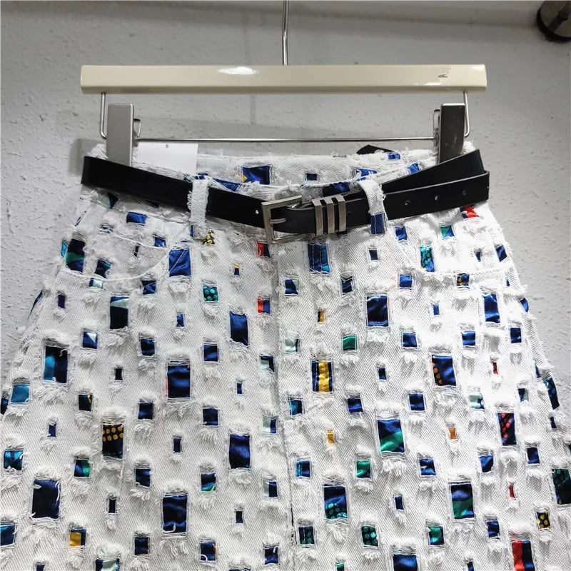 Slim A-line Burnout Color Block Denim Women's Skirt