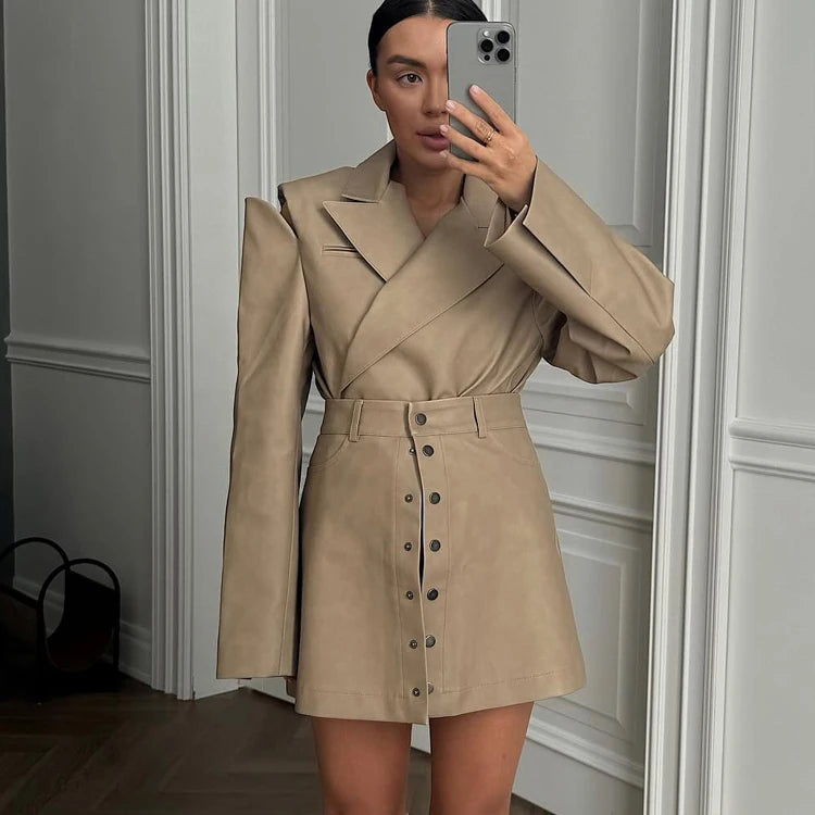 UNIKCOSA Women’s PU Leather Streetwear Set – 2-Piece Jacket & Skirt Suit (Spring/Autumn 2025 Edition)