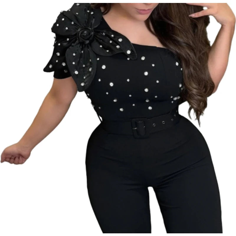 Elegant Rhinestone Slash Neck Short Sleeve Women’s Jumpsuit with Belt