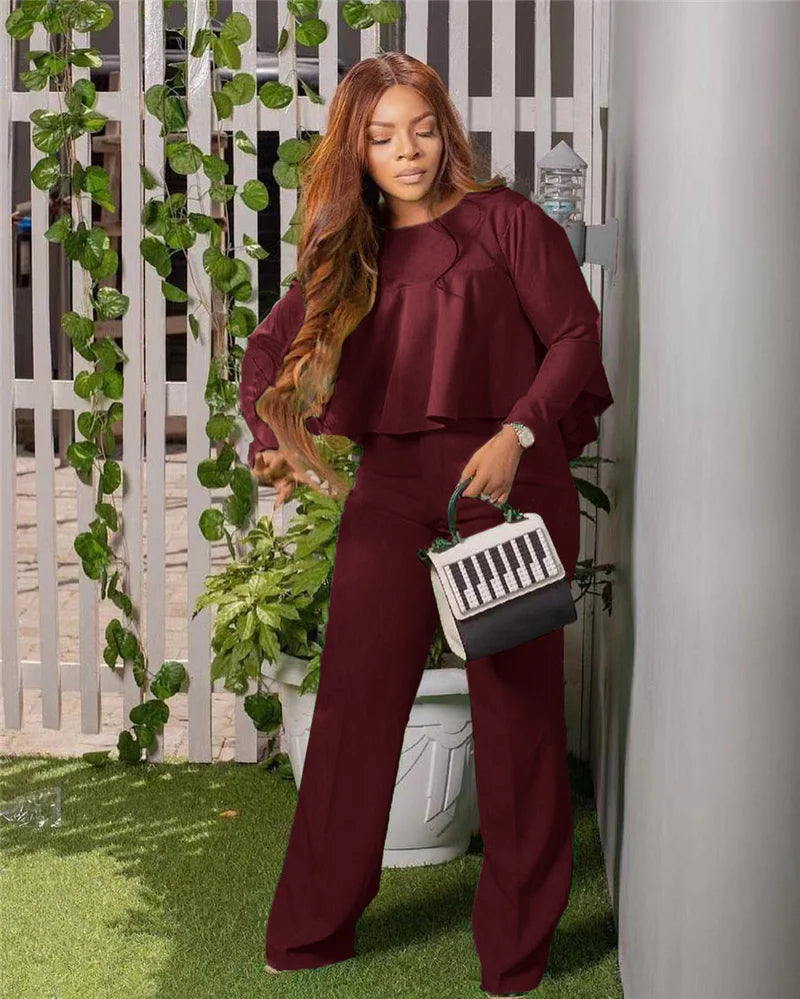 UNIKCOSA’s Elegant Ruffle 2-Piece Set — Crop Top + Wide-Leg Pants Fall Outfit