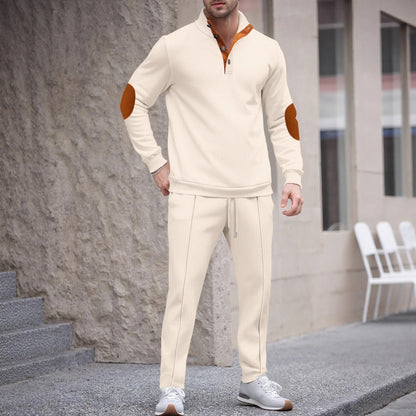 UNIKCOSA Men’s Knit Sweater Set – Quarter-Button Pullover with Contrast Elbow Patches & Elastic Waist Pants (2-Piece Tracksuit 2025 Edition)