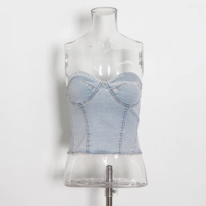 Light Blue Sleeveless Denim Sheath Top & Pants 2‑Piece Set