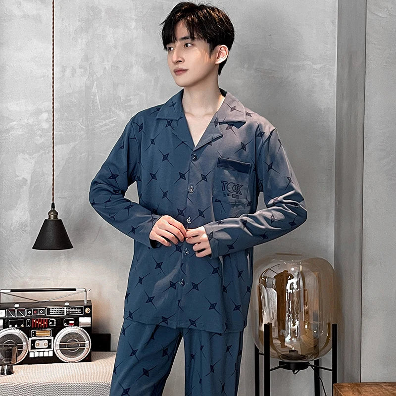UNIKCOSA Men’s Cotton Night Suit – 100% Cotton Lapel Cardigan Top & Trousers Pajama Set (Spring/Fall Plus Size Sleepwear)