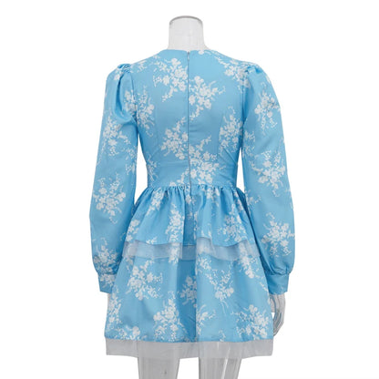 UNIKCOSA Women’s Floral Ruffle Dress – Deep V-Neck Tiered Layered Short Dress with Long Sleeves (Blue, 2025 Edition)