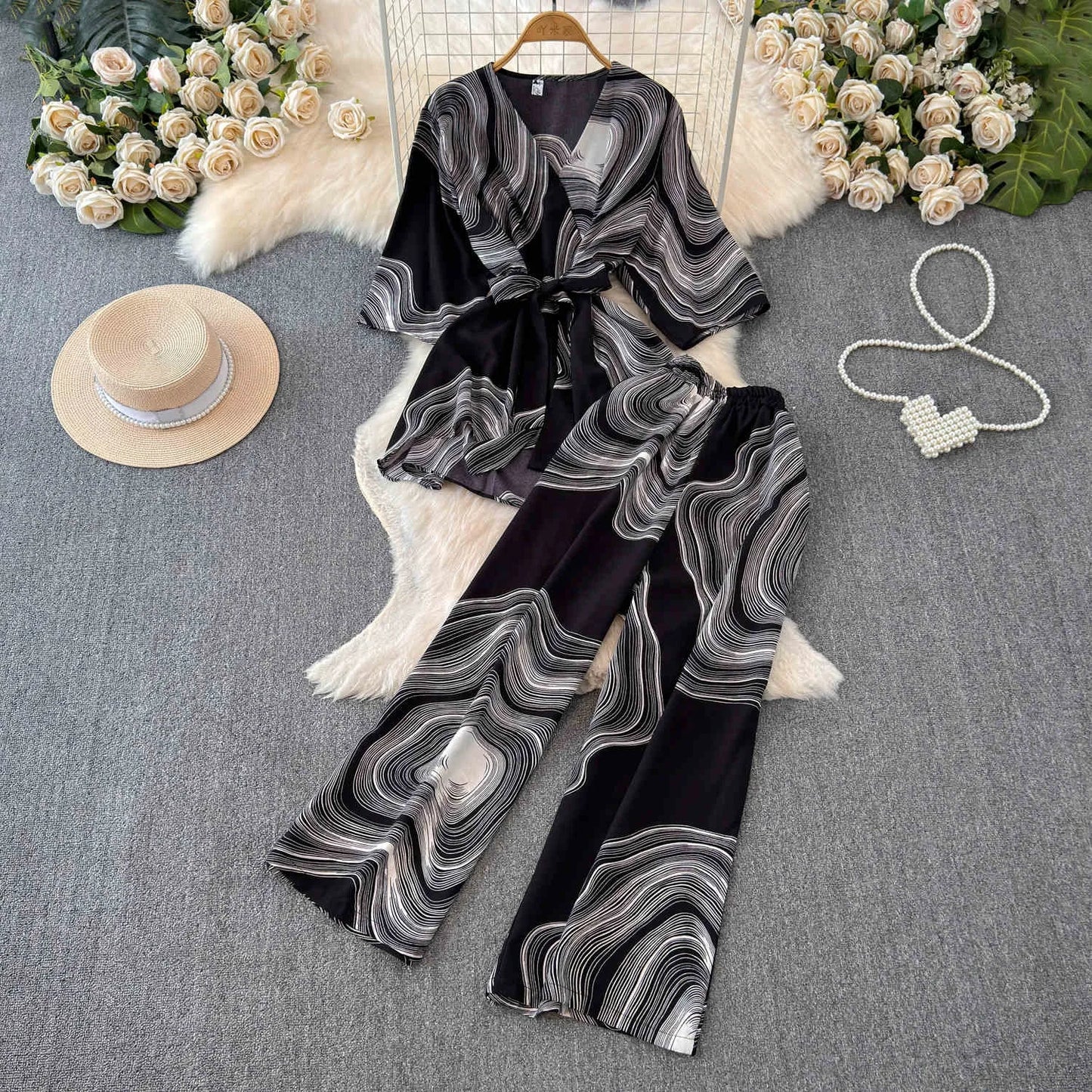 UNIKCOSA Women’s Summer Two-Piece Set – Short Sleeve Top & High-Waist Wide-Leg Pants (Chic Comfort Edition)
