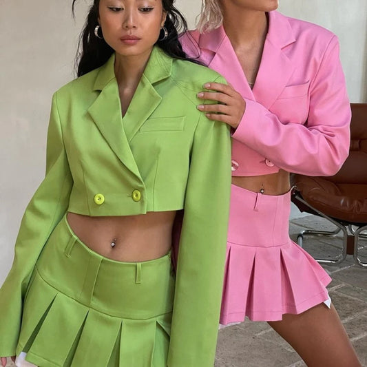 UNIKCOSA Women’s Blazer & Skirt Set – High Street Two-Piece Office Outfit with Long Sleeve Blazer & High-Waist Pleated Mini Skirt (Pink/Blue Edition)
