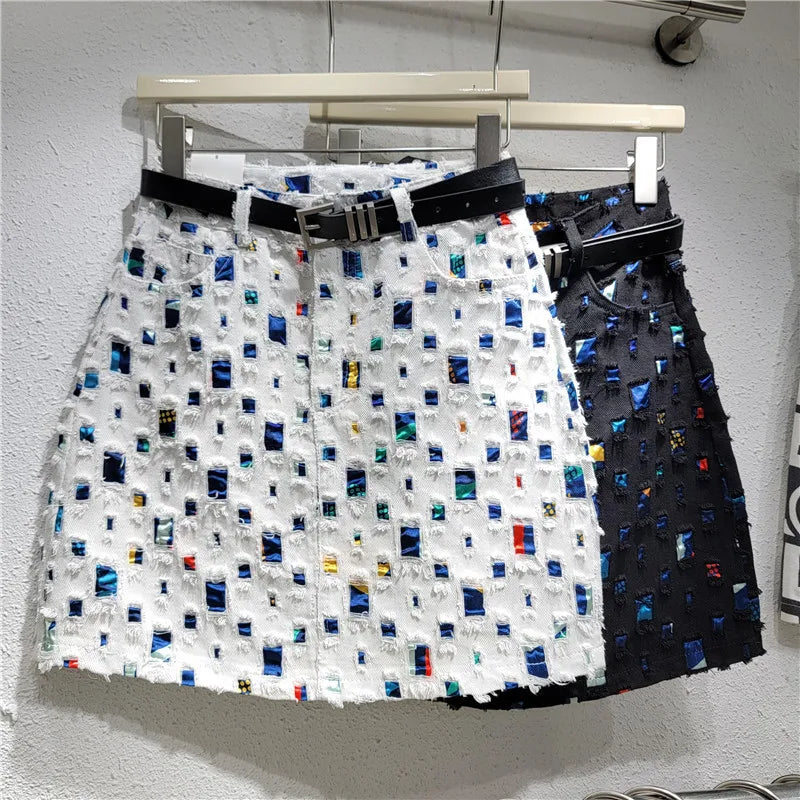 Slim A-line Burnout Color Block Denim Women's Skirt