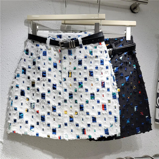 Slim A-line Burnout Color Block Denim Women's Skirt