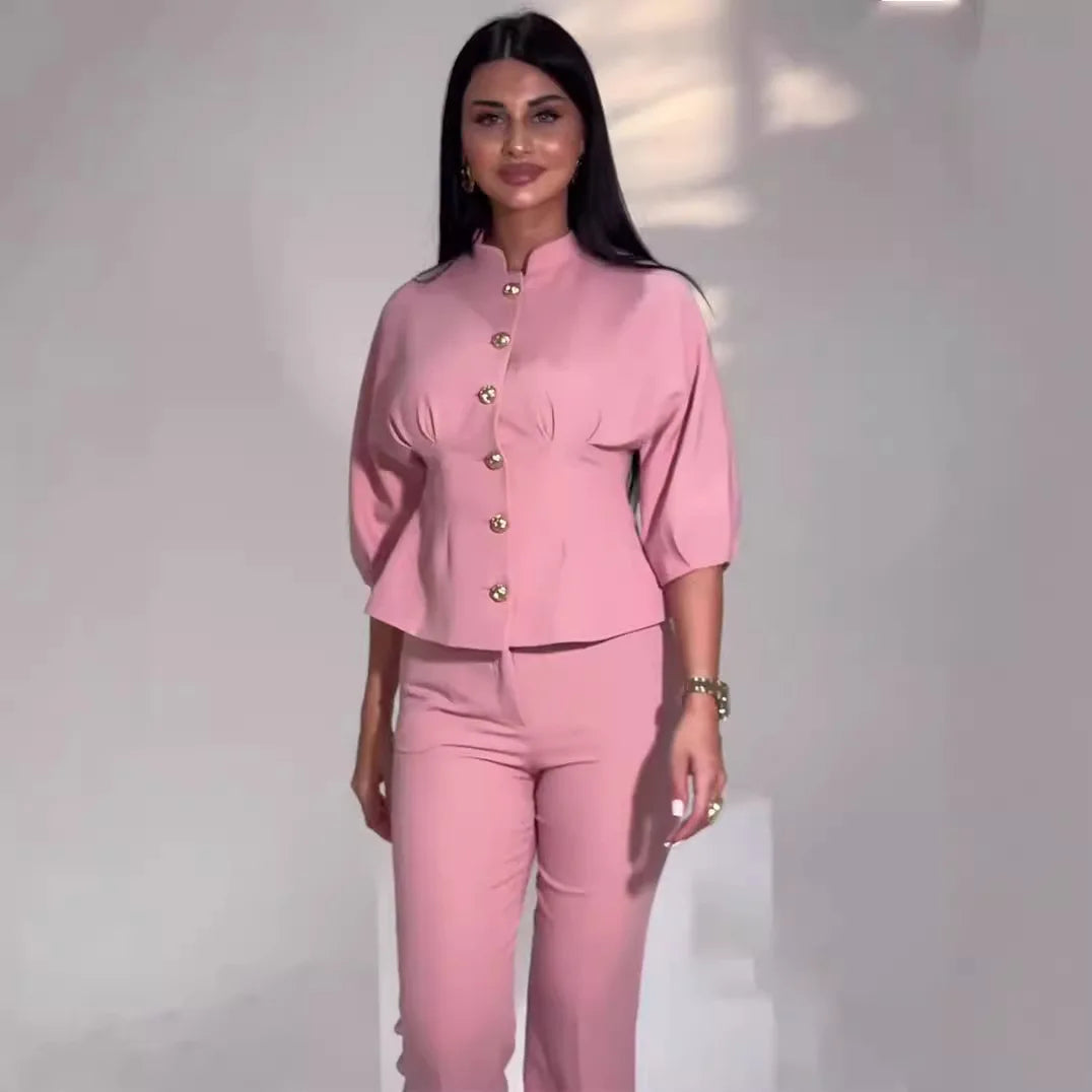 UNIKCOSA Women’s Autumn Set – 2025 Stand Collar Long-Sleeve Shirt & Elegant Pants Two-Piece (Boutique Edition)