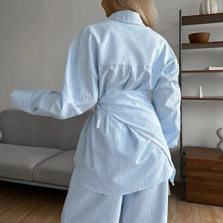 UNIKCOSA Women’s 3-Piece Lounge Set – Striped Wrap Shirt, Pants & Lace Trim Cami Pajamas (Fall 2025 Edition)