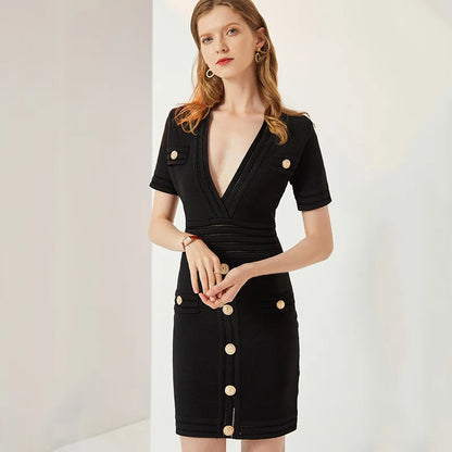 UNIKCOSA Women’s Knitted Office Dress – Short Sleeve V-Neck Knee-Length Designer Dress (Elegant Workwear Edition)