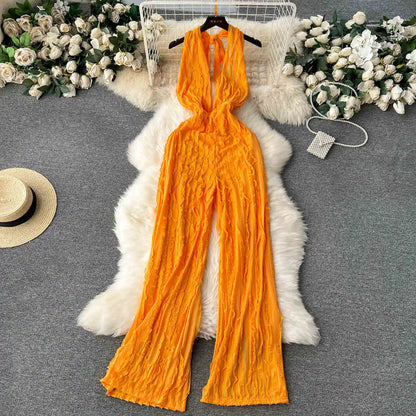 UNIKCOSA Women’s Halter Jumpsuit – Deep V-Neck Backless High-Waist Long Pants (Vacation Chic Edition)