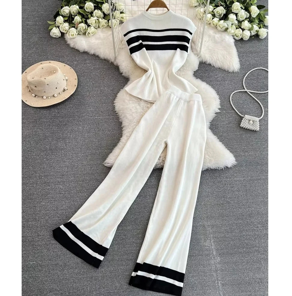 UNIKCOSA Women’s Knit Set – Sleeveless Slim White Top & Casual Straight Pants Two-Piece (Summer Chic Edition)