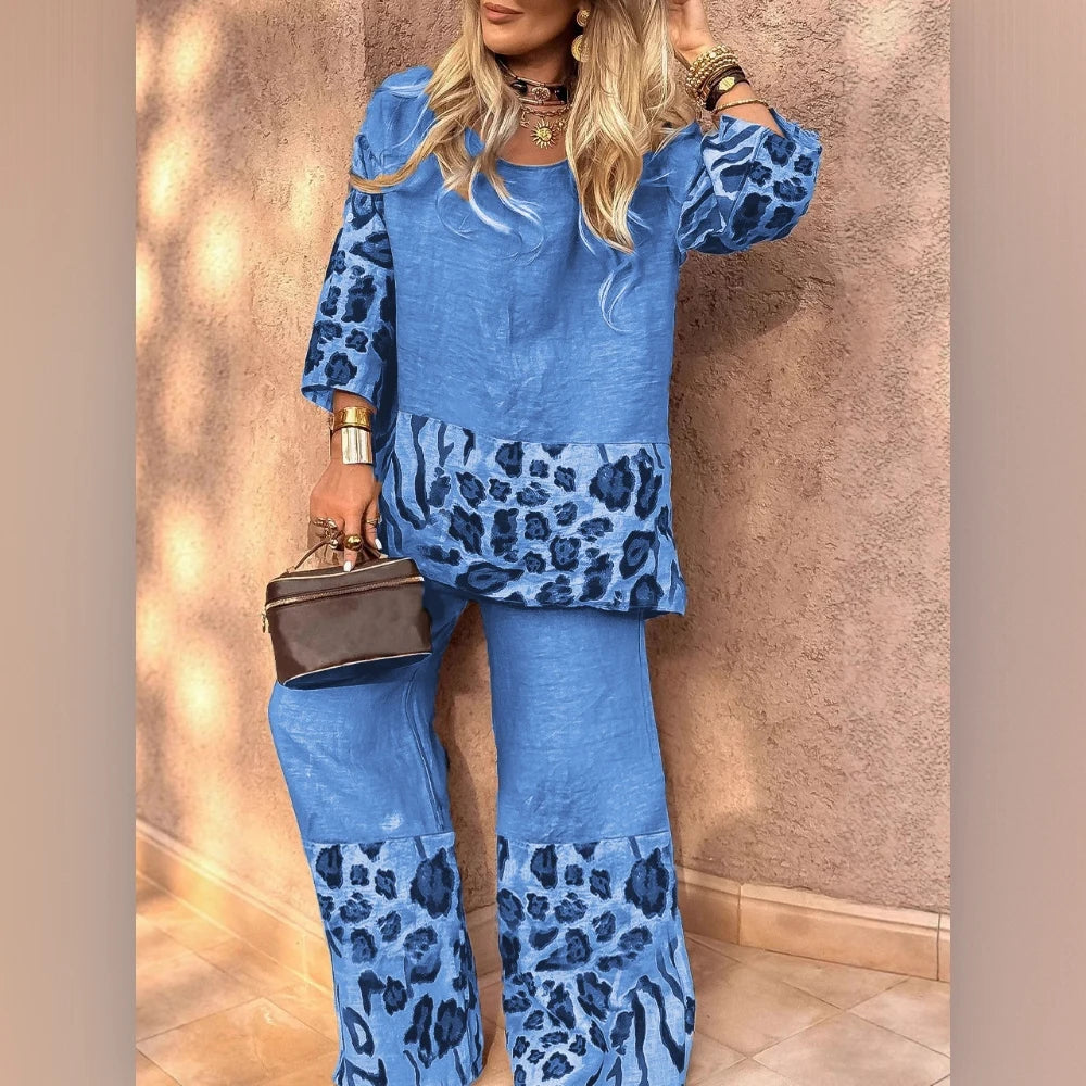 Leopard Print Women's Casual Cotton-Linen Top and Pants Set