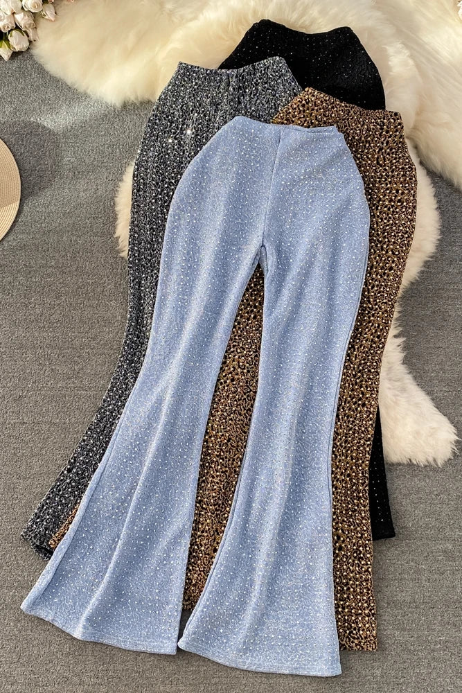 Summer Diamond Leopard Print High Waist Flare Pants for Women