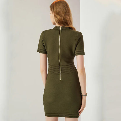 UNIKCOSA Women’s Knitted Office Dress – Short Sleeve V-Neck Knee-Length Designer Dress (Elegant Workwear Edition)