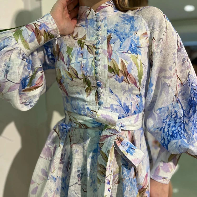 UNIKCOSA Women’s Floral Belted Dress – Stand Collar Long Sleeve Short Dress with Zip Cuffs (Summer/Fall 2025 Edition)