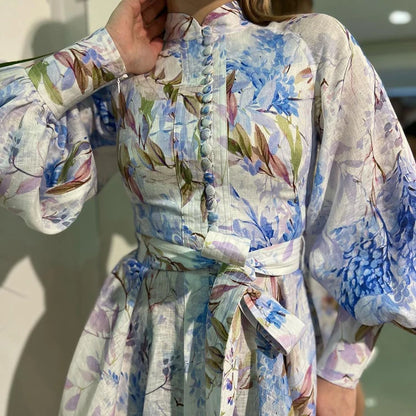 UNIKCOSA Women’s Floral Belted Dress – Stand Collar Long Sleeve Short Dress with Zip Cuffs (Summer/Fall 2025 Edition)