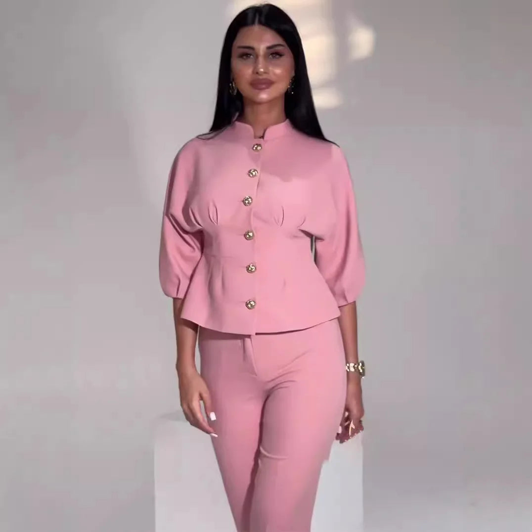 UNIKCOSA Women’s Autumn Set – 2025 Stand Collar Long-Sleeve Shirt & Elegant Pants Two-Piece (Boutique Edition)