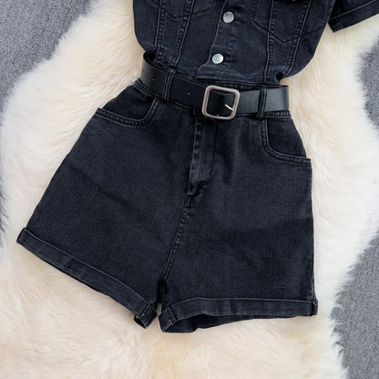 UNIKCOSA Women’s Denim Polo Jumpsuit – Summer Short Sleeve Single-Breasted Wide-Leg Shorts One-Piece