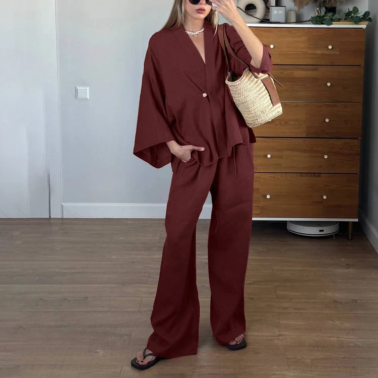 UNIKCOSA Women’s Wrap Blouse & Pants Set – Cotton Lace-Up Two-Piece Outfit (Summer/Fall 2025 Edition)