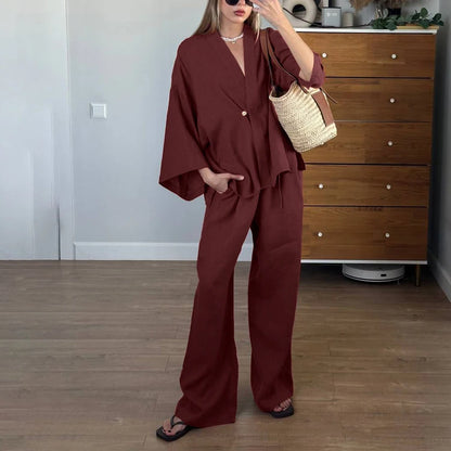 UNIKCOSA Women’s Wrap Blouse & Pants Set – Cotton Lace-Up Two-Piece Outfit (Summer/Fall 2025 Edition)