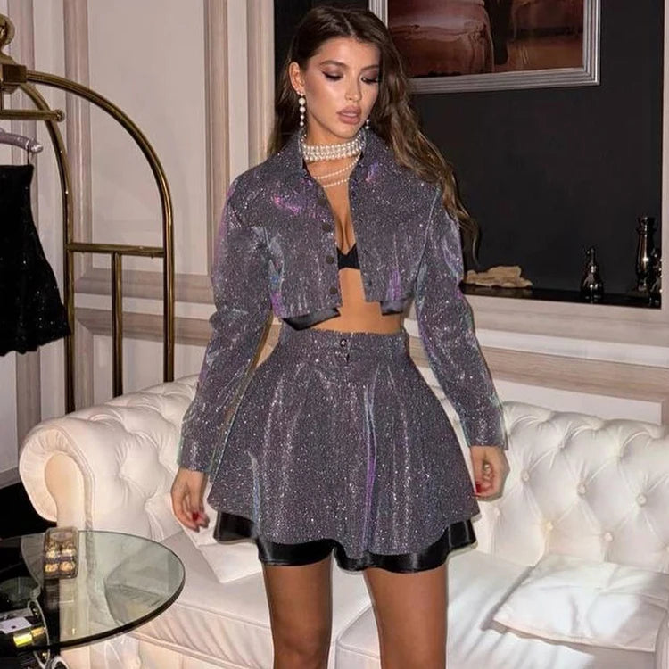 UNIKCOSA Women’s Sequin Party Set – Bling Jacket & Skirt Shorts 2-Piece Nightclub Outfit (2025 New Arrival)