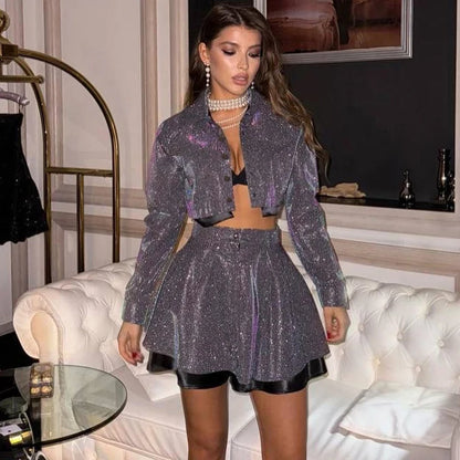 UNIKCOSA Women’s Sequin Party Set – Bling Jacket & Skirt Shorts 2-Piece Nightclub Outfit (2025 New Arrival)