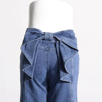 UNIKCOSA Women’s Vintage Patchwork Jeans – High-Waist Straight-Leg Denim with Bowknot & Spliced Pocket Detail