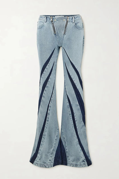 UNIKCOSA Women’s Denim Two-Piece Set – Color Block Zipper Tube Top & Flare Jeans (Casual Sexy Edition)