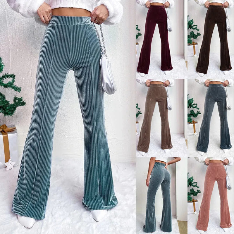 Women's High‑Waisted Corduroy Bell‑Bottom Wide‑Leg Casual Solid Pants