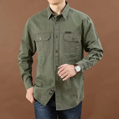 UNIKCOSA Men’s Casual Work Shirt – Loose-Fit Long Sleeve Solid Color Pocket Shirt (Autumn Large-Size Edition)