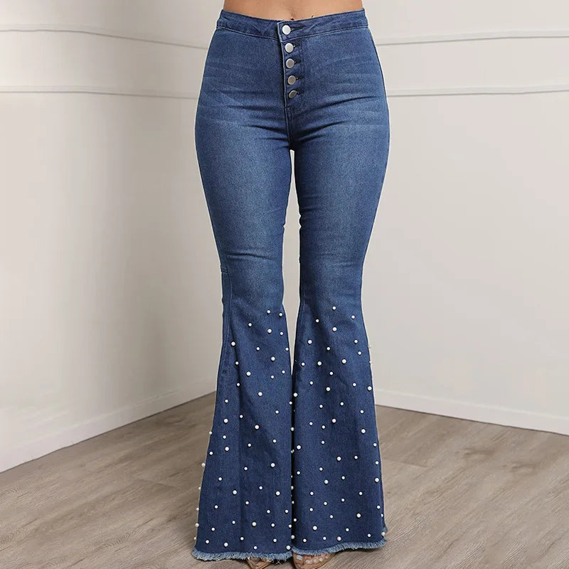 UNIKCOSA Women’s Beaded Bell-Bottom Jeans – Elastic High-Waist Wide-Leg Denim (Wholesale Edition)