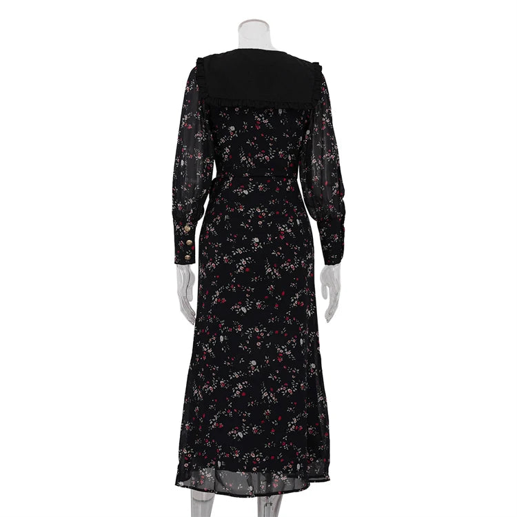 UNIKCOSA Women’s Black Floral Chiffon Dress – Peter Pan Collar Buttoned Long Sleeve Elegant Short Dress (Summer/Autumn 2025 Edition)