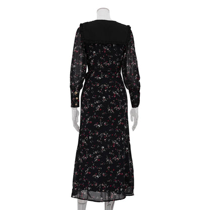 UNIKCOSA Women’s Black Floral Chiffon Dress – Peter Pan Collar Buttoned Long Sleeve Elegant Short Dress (Summer/Autumn 2025 Edition)