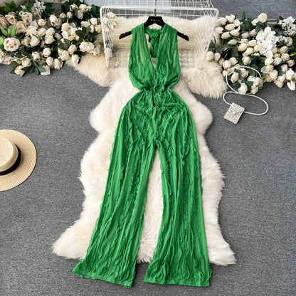 UNIKCOSA Women’s Halter Jumpsuit – Deep V-Neck Backless High-Waist Long Pants (Vacation Chic Edition)