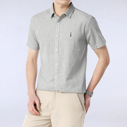 Men's Business Dress Shirt with Stand-Up Collar Plaid Short Sleeve Summer Style