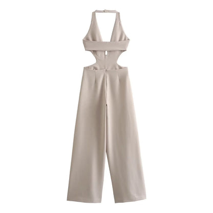 UNIKCOSA Women’s Beige Jumpsuit – Sexy Halter Backless Hollow-Out Sleeveless Slim Fit One-Piece
