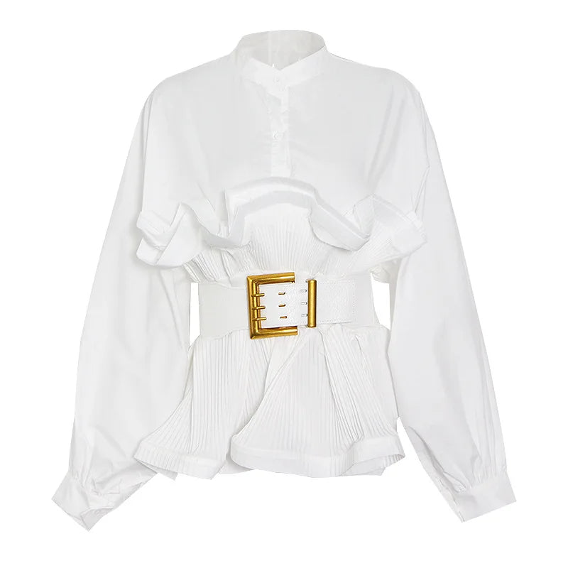 Women Fall Blouse with Puff Sleeves, Lantern Details & Chic Belted Design