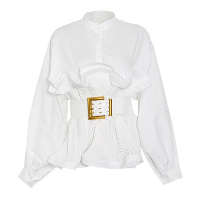 Women Fall Blouse with Puff Sleeves, Lantern Details & Chic Belted Design