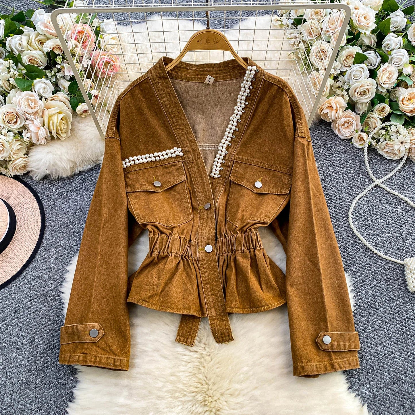 Boutique Wholesale 2025 Autumn New Fashionable Diamond Studded V-neck Waist Cinched Short Denim Women's Jacket